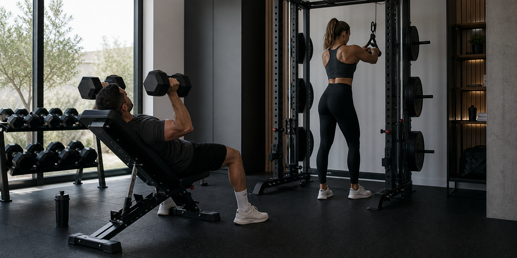 People training with dumbbells and cable equipment in a home gym